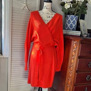 Chic Coral Orange Wrap Sweater Dress with Belt XL